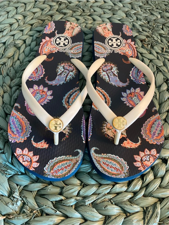 Tory Burch Shoes - Tory Burch Navy Paisley Flip Flop Sandals with Cream Straps